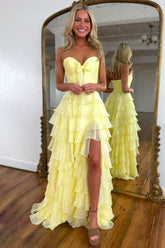 Cute A-Line Sweetheart Zipper Back Tiered Chiffon Prom Dress with Slit