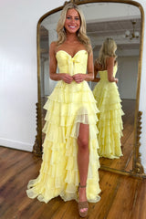 Cute A-Line Sweetheart Zipper Back Tiered Chiffon Prom Dress with Slit