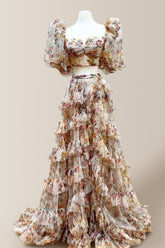 Cute A-Line Two Pieces Square Neck Long Print Tulle Prom Dress With Slit