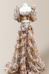 Cute A-Line Two Pieces Square Neck Long Print Tulle Prom Dress With Slit