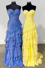 Cute Mermaid Sweetheart Long Pleated Tulle and Ruffle Chiffon Prom Dress