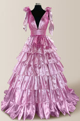 Cute Pink A-Line V-Neck Tie Shoulder Straps Long Tiered Prom Dress