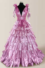 Cute Pink A-Line V-Neck Tie Shoulder Straps Long Tiered Prom Dress
