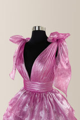 Cute Pink A-Line V-Neck Tie Shoulder Straps Long Tiered Prom Dress