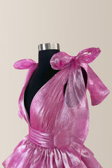 Cute Pink A-Line V-Neck Tie Shoulder Straps Long Tiered Prom Dress