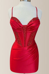 Cute Red Bodycon Spaghetti Straps Short Satin Homecoming Dress With Sequin