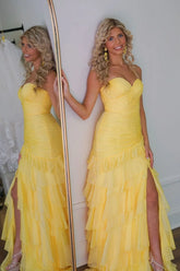 Cute Yellow Mermaid Sweetheart Long Ruffle Tulle Prom Dress with Slit