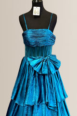 Dark Blue A-Line Spaghetti Straps Long Metallic Prom Dress with Bowknot