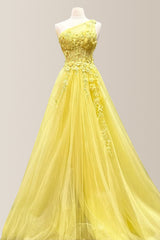Dreamy Yellow A-Line One Shoulder Long Tulle Prom Dress with Appliques