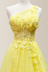 Dreamy Yellow A-Line One Shoulder Long Tulle Prom Dress with Appliques