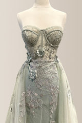 Dusty Green Mermaid Sweetheart Prom Dress with Appliques and Court Train