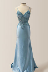 Dusty Blue Mermaid Spaghetti Straps Long Satin Formal Dress with Sequin