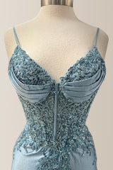 Dusty Blue Mermaid Spaghetti Straps Long Satin Formal Dress with Sequin