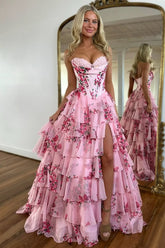 Elegant A-Line Sweetheart Long Tiered Print Tulle Prom Dress with Leg Slit