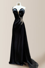 Elegant Black Sheath One Shoulder Long Satin Formal Prom Dress with Beading