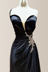 Elegant Black Sheath One Shoulder Long Satin Formal Prom Dress with Beading