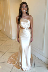 Elegant Light Champagne One Shoulder Waist Hollow Long Satin Prom Dress