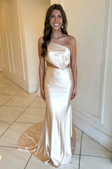 Elegant Light Champagne One Shoulder Waist Hollow Long Satin Prom Dress