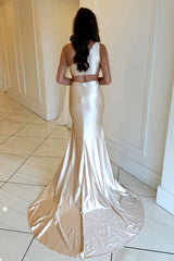 Elegant Light Champagne One Shoulder Waist Hollow Long Satin Prom Dress