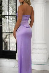 Elegant Lilac Mermaid Strapless Long Satin Formal Dress With Slit