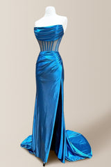 Elegant Mermaid Strapless Long Satin Prom Dress with Pleating and Slit