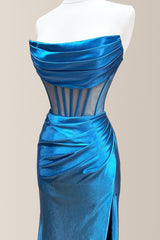 Elegant Mermaid Strapless Long Satin Prom Dress with Pleating and Slit