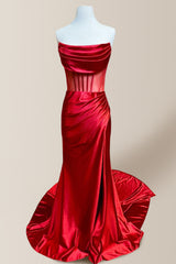 Elegant Mermaid Strapless Long Satin Prom Dress with Pleating and Slit
