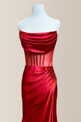 Elegant Mermaid Strapless Long Satin Prom Dress with Pleating and Slit