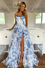 Elegant A-Line Sweetheart Long Tiered Print Tulle Prom Dress with Leg Slit