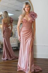 Elegant Navy One Shoulder Long Beaded Mermaid Prom Dress with 3D Flower