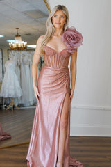 Elegant Navy One Shoulder Long Beaded Mermaid Prom Dress with 3D Flower