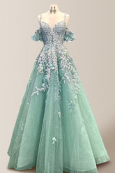 Exquisite A-Line Green Off The Shoulder Long Tulle Prom Dress with Appliques