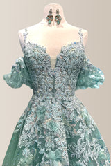 Exquisite A-Line Green Off The Shoulder Long Tulle Prom Dress with Appliques