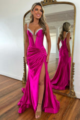 Fuchsia Mermaid Beaded Straps Lace Up Long Satin Prom Dress with Slit