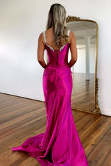 Fuchsia Mermaid Beaded Straps Lace Up Long Satin Prom Dress with Slit