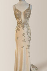 Glitter Champagne Mermaid Spaghetti Straps Long Prom Dress With Appliques