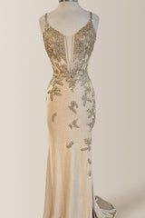 Glitter Champagne Mermaid Spaghetti Straps Long Prom Dress With Appliques