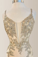 Glitter Champagne Mermaid Spaghetti Straps Long Prom Dress With Appliques