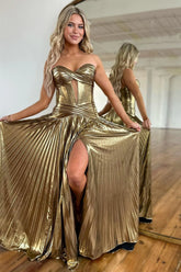 Glitter Gold A-Line Sweetheart Long Metallic Prom Dress With Leg Slit