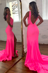 Glitter Pink Mermaid V-Neck Sweep Train Beaded Prom Dress With Slit