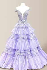 Gorgeous A-Line Off The Shoulder Lace Top Long Tiered Tulle Prom Dress