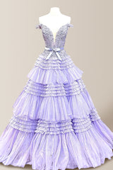 Gorgeous A-Line Off The Shoulder Lace Top Long Tiered Tulle Prom Dress