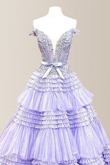 Gorgeous A-Line Off The Shoulder Lace Top Long Tiered Tulle Prom Dress