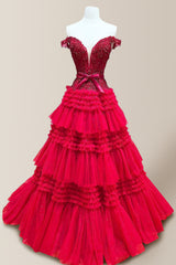 Gorgeous A-Line Off The Shoulder Lace Top Long Tiered Tulle Prom Dress