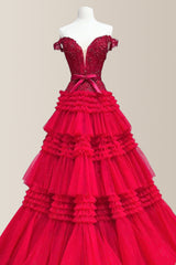 Gorgeous A-Line Off The Shoulder Lace Top Long Tiered Tulle Prom Dress