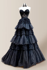 Gorgeous Black A-Line Sweetheart Long Glitter Tulle Prom Dress