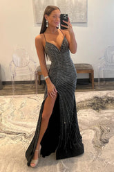 Gorgeous Black Mermaid Lace Up Long Corset Beaded Prom Dress With Slit