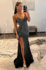 Gorgeous Black Mermaid Lace Up Long Corset Beaded Prom Dress With Slit