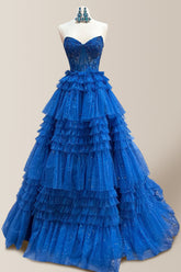 Gorgeous Royal Blue A-Line Strapless Long Tiered Glitter Tulle Prom Dress