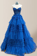 Gorgeous Royal Blue A-Line Strapless Long Tiered Glitter Tulle Prom Dress